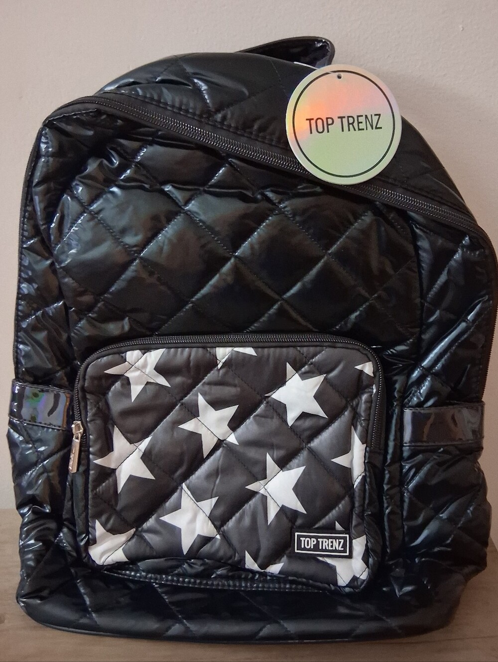 Top Trenz black quilted backpack with white...